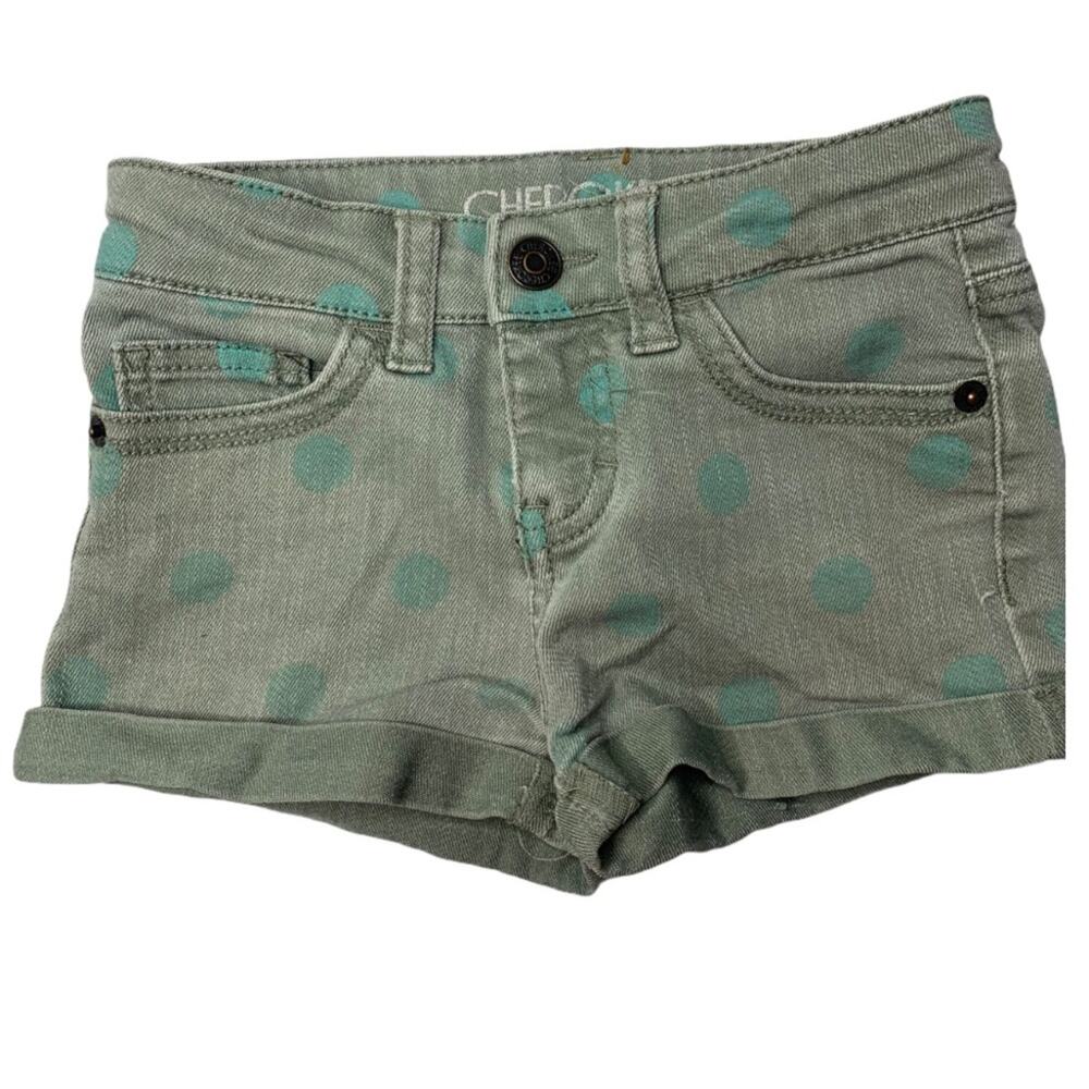 Cherokee XS jean green teal dots snap cuff shorts